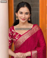 Dark Red Chinnon Silk Saree, Festive Party Wear Elegance - Saree - Aakritee - S10676